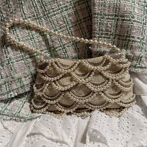 Cream Beaded Clutch with Scalloped Design